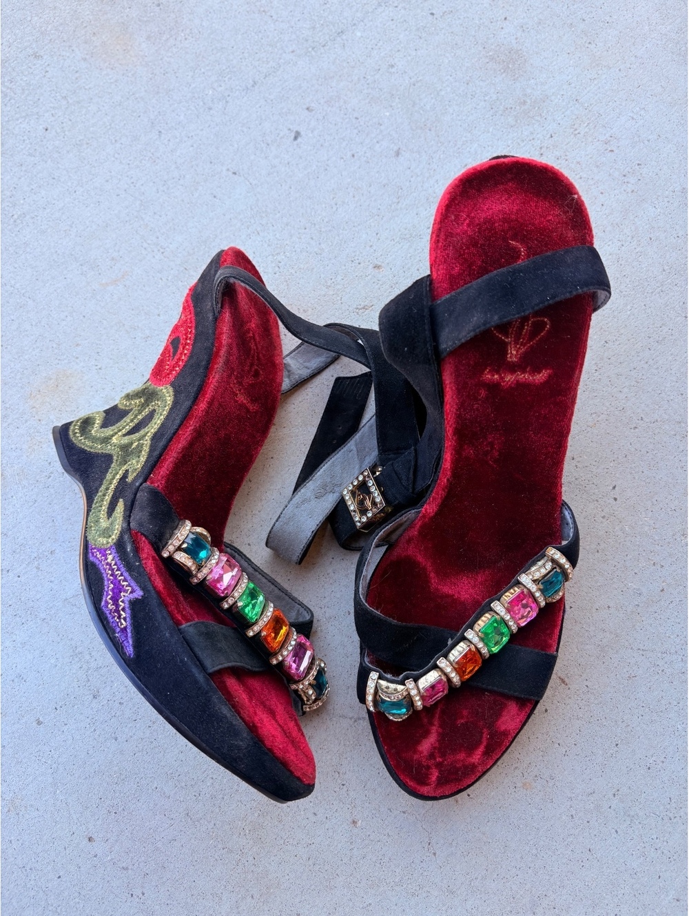 Y2K Vintage RARE Baby Phat Wedge Heel Platforms Colorful Stone Embellishment - Picture 1 of 8